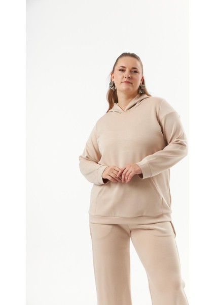 Büyük Beden Kanguru Cepli Modal Sweatshirt Vizon