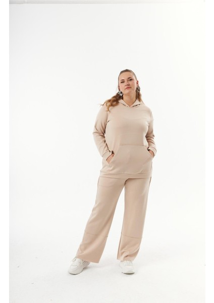 Büyük Beden Kanguru Cepli Modal Sweatshirt Vizon