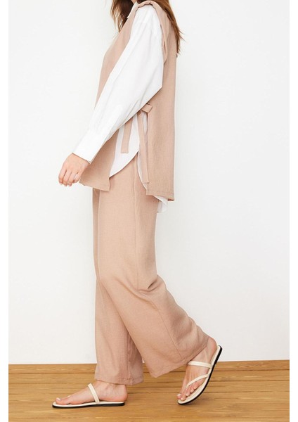 Tarz Kadın Modern Normal Bel Geniş Paça Keten Görünümlü Yandan Bağlamalı Dokuma Alt Üst Takım