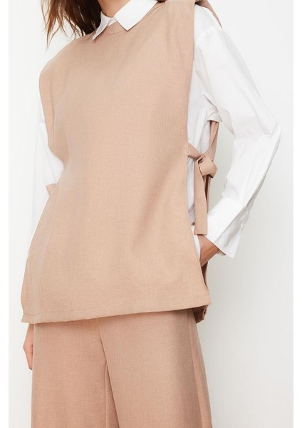 Tarz Kadın Modern Normal Bel Geniş Paça Keten Görünümlü Yandan Bağlamalı Dokuma Alt Üst Takım fiyatları