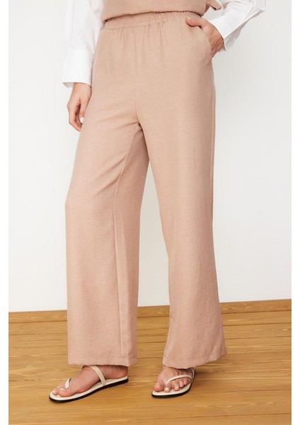 Tarz Kadın Modern Normal Bel Geniş Paça Keten Görünümlü Yandan Bağlamalı Dokuma Alt Üst Takım modelleri