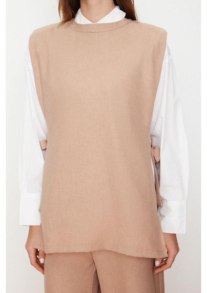 Tarz Kadın Modern Normal Bel Geniş Paça Keten Görünümlü Yandan Bağlamalı Dokuma Alt Üst Takım fırsatları