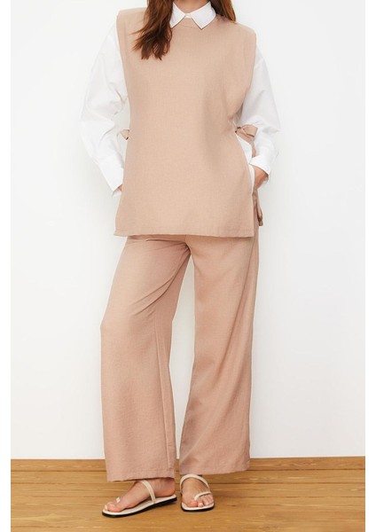 Tarz Kadın Modern Normal Bel Geniş Paça Keten Görünümlü Yandan Bağlamalı Dokuma Alt Üst Takım indirimleri