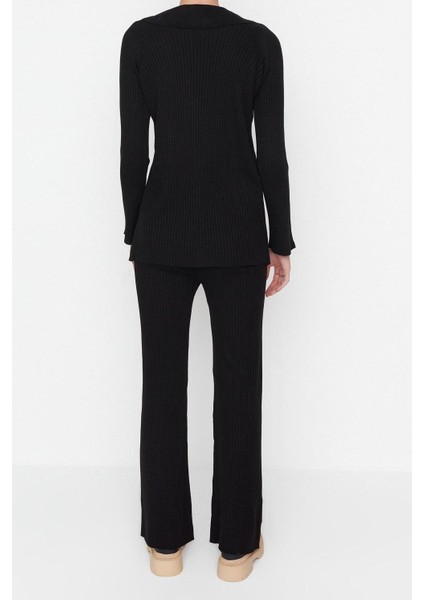 Tarz Kadın Modern Moda Normal Bel Geniş Paça Polo Yaka Basic Polo Yaka Triko Alt-Üst Takım modelleri