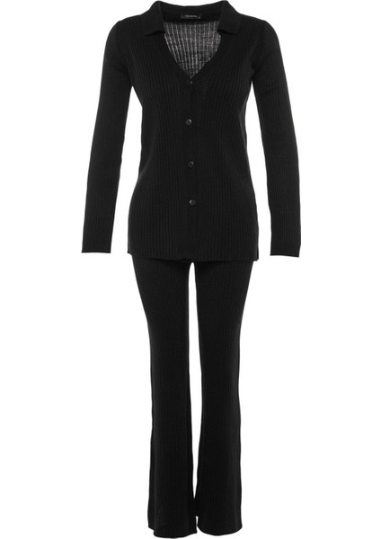 Tarz Kadın Modern Moda Normal Bel Geniş Paça Polo Yaka Basic Polo Yaka Triko Alt-Üst Takım indirimleri