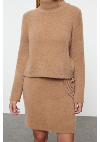 Tarz Kadın Modern Moda Normal Bel Boru Paça Dik Yaka Tüylü Yumuşak Dokulu Triko Alt-Üst Takım