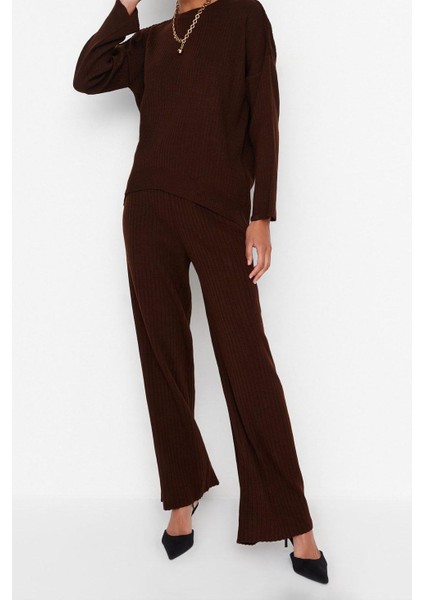 Tarz Kadın Modern Moda Normal Bel Boru Paça Bisiklet Yaka Basic Bisiklet Yaka Triko Alt-Üst Takım