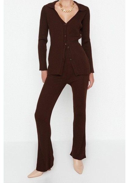 Tarz Kadın Modern Moda Normal Bel Geniş Paça Polo Yaka Basic Polo Yaka Triko Alt-Üst Takım