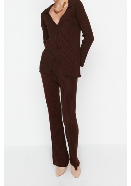 Tarz Kadın Modern Moda Normal Bel Geniş Paça Polo Yaka Basic Polo Yaka Triko Alt-Üst Takım fiyatları