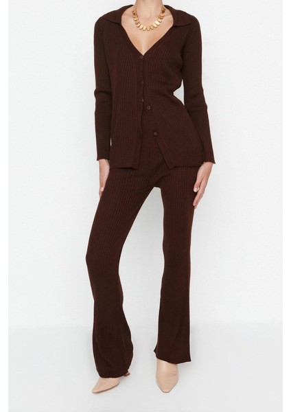 Tarz Kadın Modern Moda Normal Bel Geniş Paça Polo Yaka Basic Polo Yaka Triko Alt-Üst Takım fırsatları