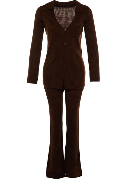 Tarz Kadın Modern Moda Normal Bel Geniş Paça Polo Yaka Basic Polo Yaka Triko Alt-Üst Takım indirimleri