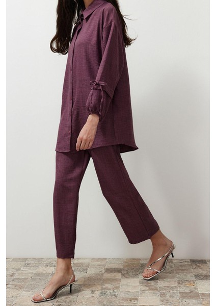 Tarz Kadın Modern Moda Normal Bel Boru Paça V Yaka Keten Görünümlü Dokuma Alt-Üst Takım