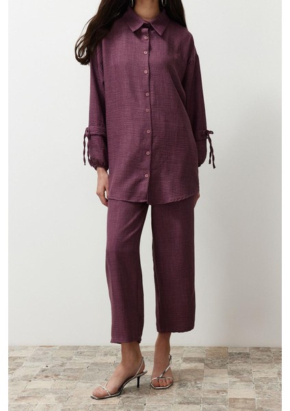 Tarz Kadın Modern Moda Normal Bel Boru Paça V Yaka Keten Görünümlü Dokuma Alt-Üst Takım fiyatları