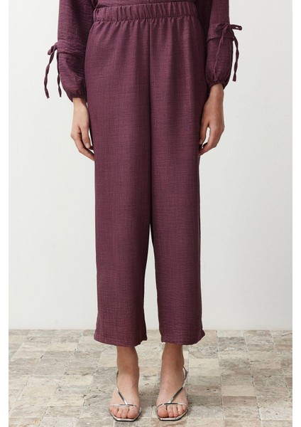 Tarz Kadın Modern Moda Normal Bel Boru Paça V Yaka Keten Görünümlü Dokuma Alt-Üst Takım modelleri