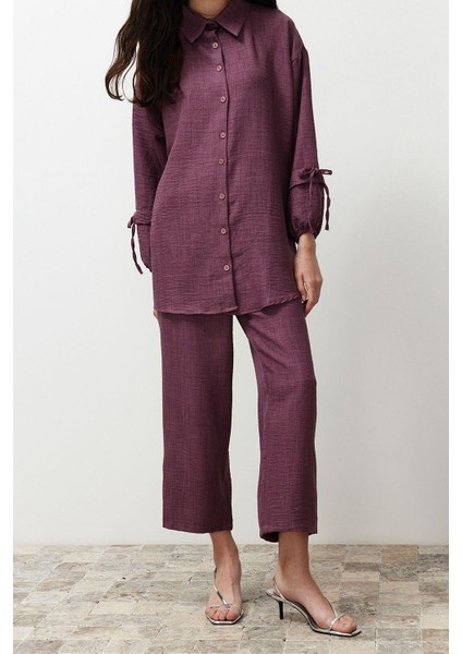 Tarz Kadın Modern Moda Normal Bel Boru Paça V Yaka Keten Görünümlü Dokuma Alt-Üst Takım indirimleri