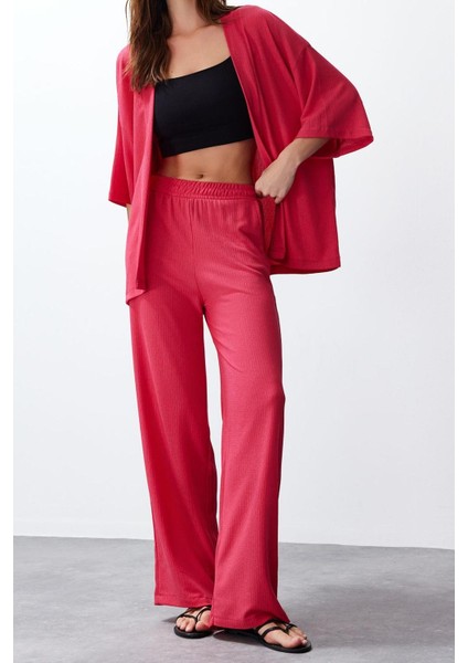 Tarz Kadın Modern Normal Bel Geniş Paça V Yaka Rahat Kesim Örme Kimona Pantolon Alt-Üst Takım