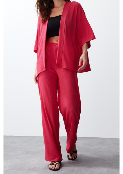 Tarz Kadın Modern Normal Bel Geniş Paça V Yaka Rahat Kesim Örme Kimona Pantolon Alt-Üst Takım indirimleri