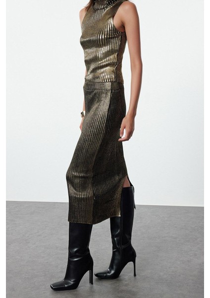 Tarz Kadın Modern Moda Normal Bel Boru Paça Bisiklet Yaka Varak Baskılı Triko Alt-Üst Takım fiyatları