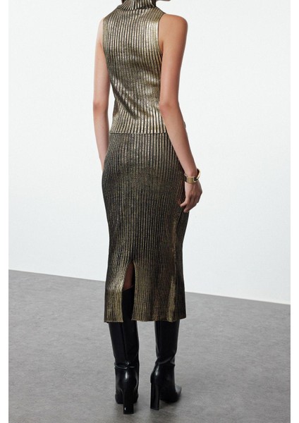 Tarz Kadın Modern Moda Normal Bel Boru Paça Bisiklet Yaka Varak Baskılı Triko Alt-Üst Takım modelleri