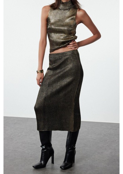 Tarz Kadın Modern Moda Normal Bel Boru Paça Bisiklet Yaka Varak Baskılı Triko Alt-Üst Takım indirimleri