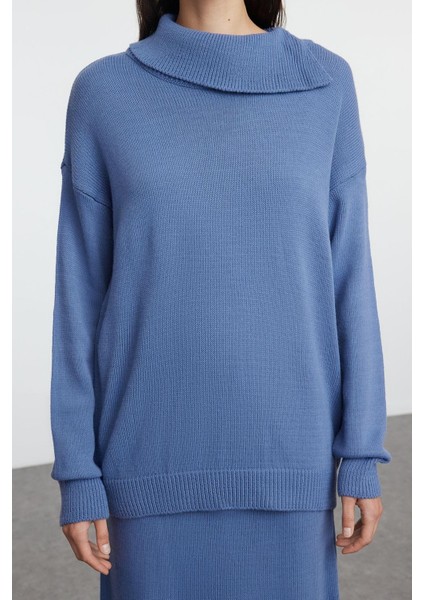 Tarz Kadın Modern Moda Normal Bel Boru Paça Devrik Yaka Geniş Kalıp Balıkçı Yaka Triko Alt-Üst Takım