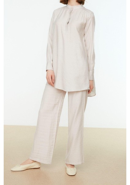 Tarz Kadın Yüksek Bel Geniş Paça Gömlek Yaka Yarım Gizli Patlı Omuz Detaylı Tunik-Pantolon Takım fiyatları