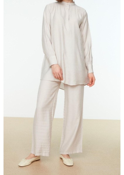 Tarz Kadın Yüksek Bel Geniş Paça Gömlek Yaka Yarım Gizli Patlı Omuz Detaylı Tunik-Pantolon Takım indirimleri