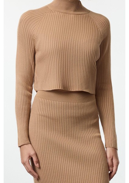 Tarz Kadın Modern Moda Yüksek Bel Geniş Paça Bisiklet Yaka Crop Basic Etekli Triko Alt-Üst Takım