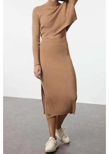 Tarz Kadın Modern Moda Yüksek Bel Geniş Paça Bisiklet Yaka Crop Basic Etekli Triko Alt-Üst Takım