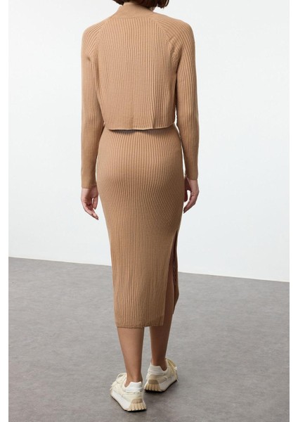 Tarz Kadın Modern Moda Yüksek Bel Geniş Paça Bisiklet Yaka Crop Basic Etekli Triko Alt-Üst Takım