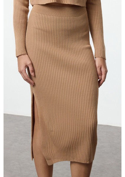 Tarz Kadın Modern Moda Yüksek Bel Geniş Paça Bisiklet Yaka Crop Basic Etekli Triko Alt-Üst Takım