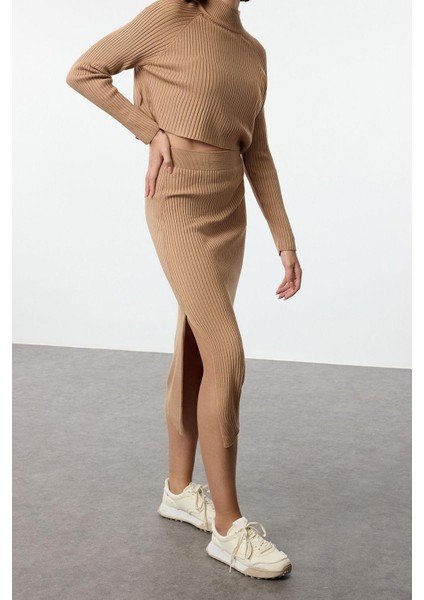 Tarz Kadın Modern Moda Yüksek Bel Geniş Paça Bisiklet Yaka Crop Basic Etekli Triko Alt-Üst Takım
