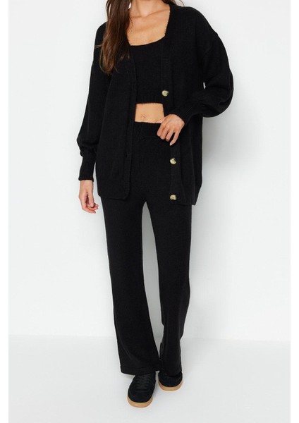 Tarz Kadın Modern Normal Bel Boru Paça V Yaka Geniş Kalıp Yumuşak Dokulu 3lü Triko Alt-Üst Takım fiyatları