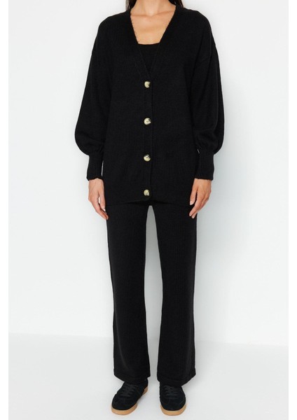 Tarz Kadın Modern Normal Bel Boru Paça V Yaka Geniş Kalıp Yumuşak Dokulu 3lü Triko Alt-Üst Takım modelleri