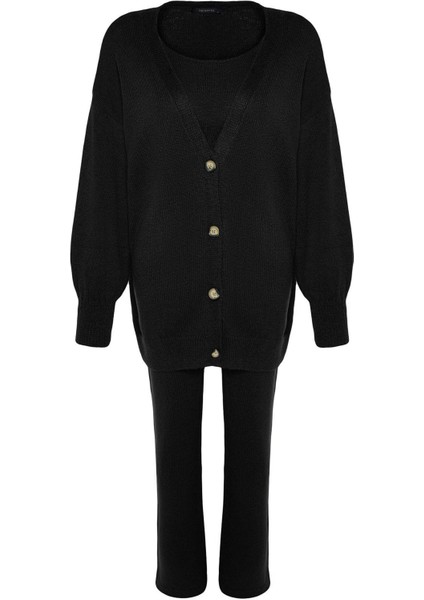 Tarz Kadın Modern Normal Bel Boru Paça V Yaka Geniş Kalıp Yumuşak Dokulu 3lü Triko Alt-Üst Takım indirimleri