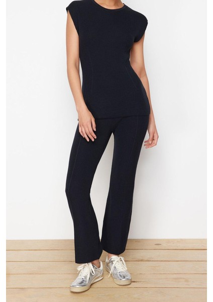 Tarz Kadın Modern Normal Bel Boru Paça Bisiklet Yaka Pamuklu Ince Bluz Pantalon Triko Alt-Üst Takım indirimleri