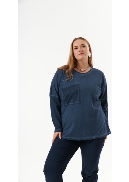 Büyük Beden Cep Detay Parça Boya Sweatshirt Indigo