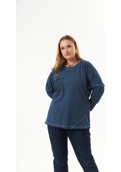 Büyük Beden Cep Detay Parça Boya Sweatshirt Indigo fiyatları