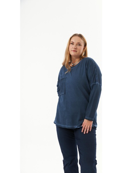 Büyük Beden Cep Detay Parça Boya Sweatshirt Indigo modelleri