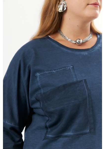 Büyük Beden Cep Detay Parça Boya Sweatshirt Indigo indirimleri