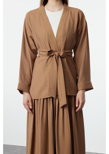 Tarz Kadın Modern Moda Normal Bel Boru Paça V Yaka Kuşaklı Kimono-Piliseli Etek Dokuma Alt-Üst Takım