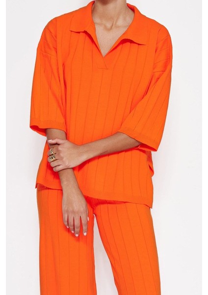 Tarz Kadın Modern Moda Normal Bel Boru Paça Polo Yaka Basic Fitilli Triko Alt-Üst Takım