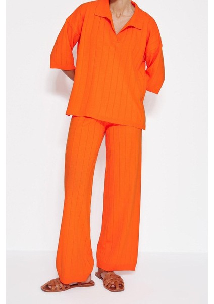 Tarz Kadın Modern Moda Normal Bel Boru Paça Polo Yaka Basic Fitilli Triko Alt-Üst Takım fiyatları