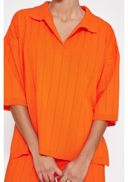 Tarz Kadın Modern Moda Normal Bel Boru Paça Polo Yaka Basic Fitilli Triko Alt-Üst Takım modelleri