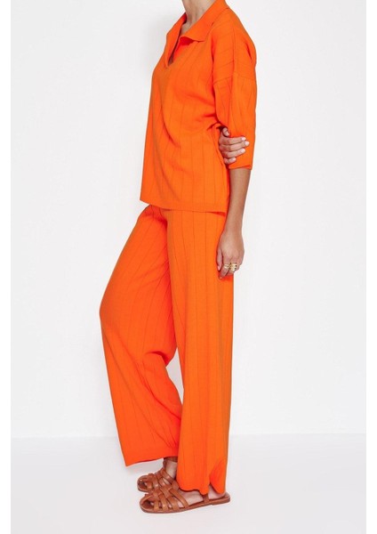 Tarz Kadın Modern Moda Normal Bel Boru Paça Polo Yaka Basic Fitilli Triko Alt-Üst Takım fırsatları