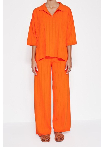 Tarz Kadın Modern Moda Normal Bel Boru Paça Polo Yaka Basic Fitilli Triko Alt-Üst Takım indirimleri