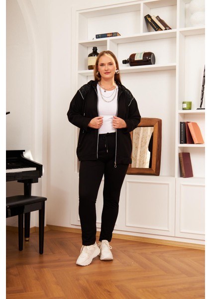 Büyük Beden Kapüşonlu Eşofman Takımı Siyah modelleri