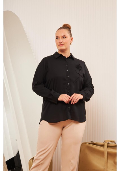 Büyük Beden Gül Aksesuarlı Gömlek Siyah fiyatları