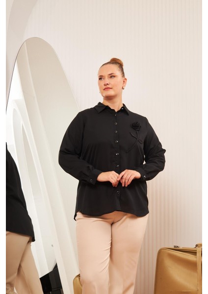 Büyük Beden Gül Aksesuarlı Gömlek Siyah modelleri