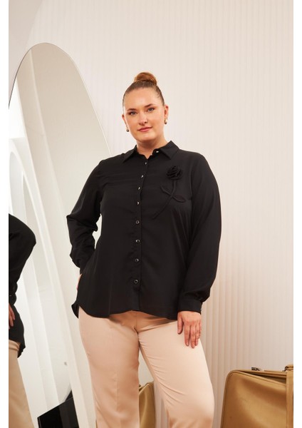 Büyük Beden Gül Aksesuarlı Gömlek Siyah fırsatları